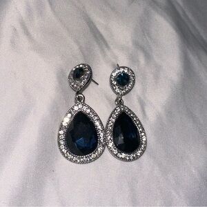 Blue Teardrop Crystal Drop Earrings Silver Tone Rhinestone Halo Statement